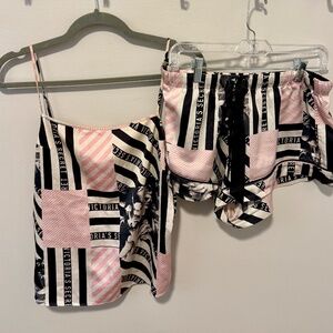 Victoria's Secret Satin Striped/Floral Pajama Set Cami and Shorts Size Medium